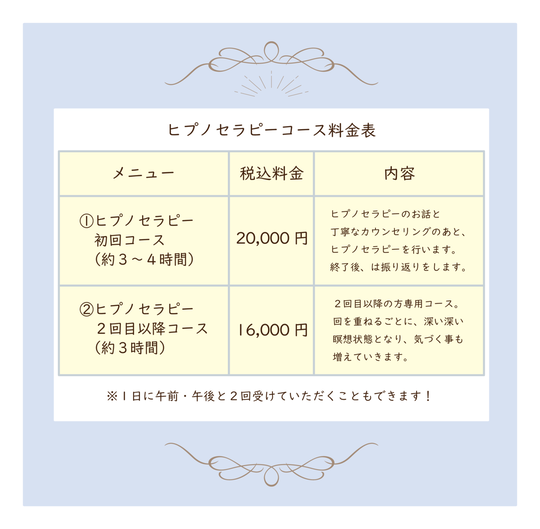 ヒプノセラピー各コース料金表